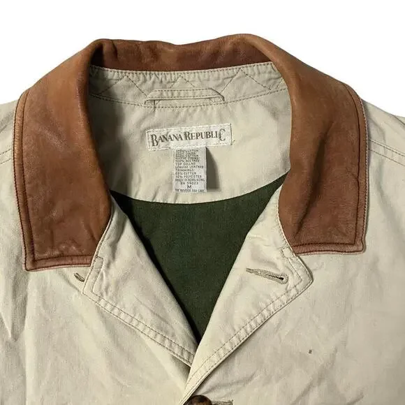 Banana Republic Vintage 90s Leather Collar Safari Khaki Field Jacket Medium
